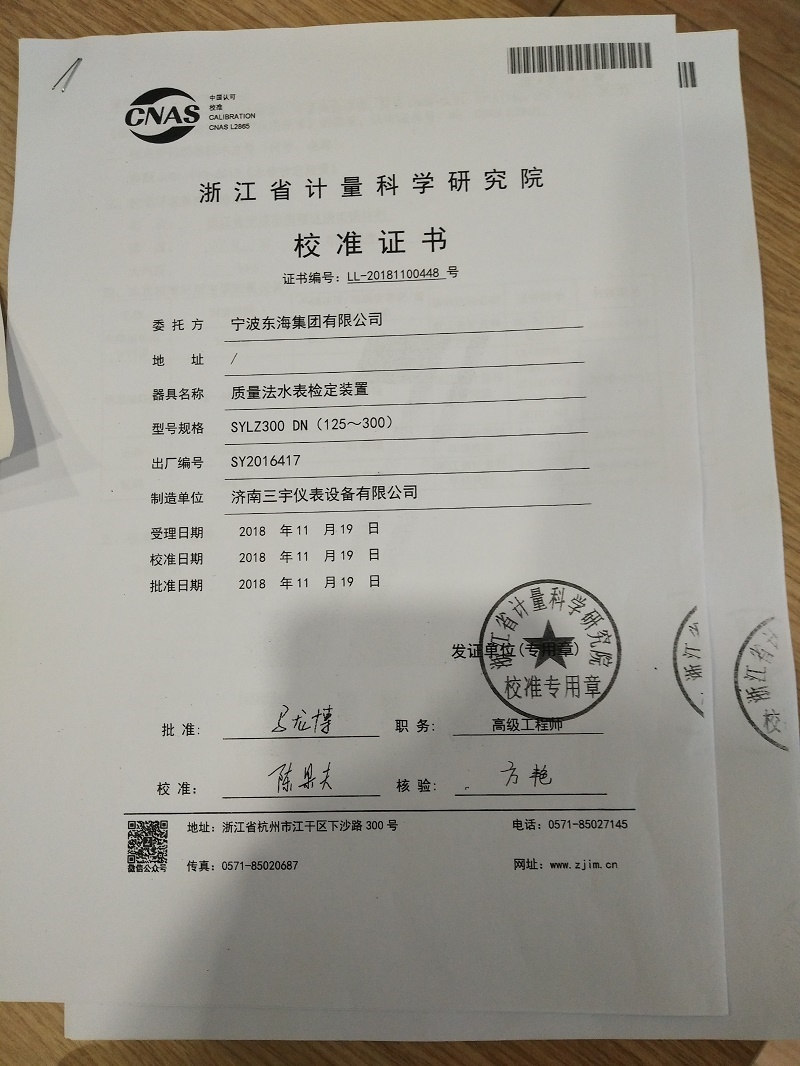 宁波东海300检定证书(图1)